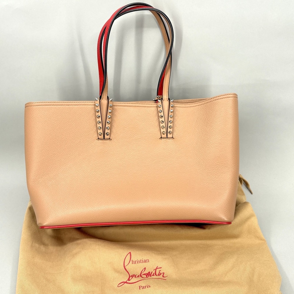 Christian Louboutin Tote Bag Large Beige Leather Studded Cabata Spikes Set